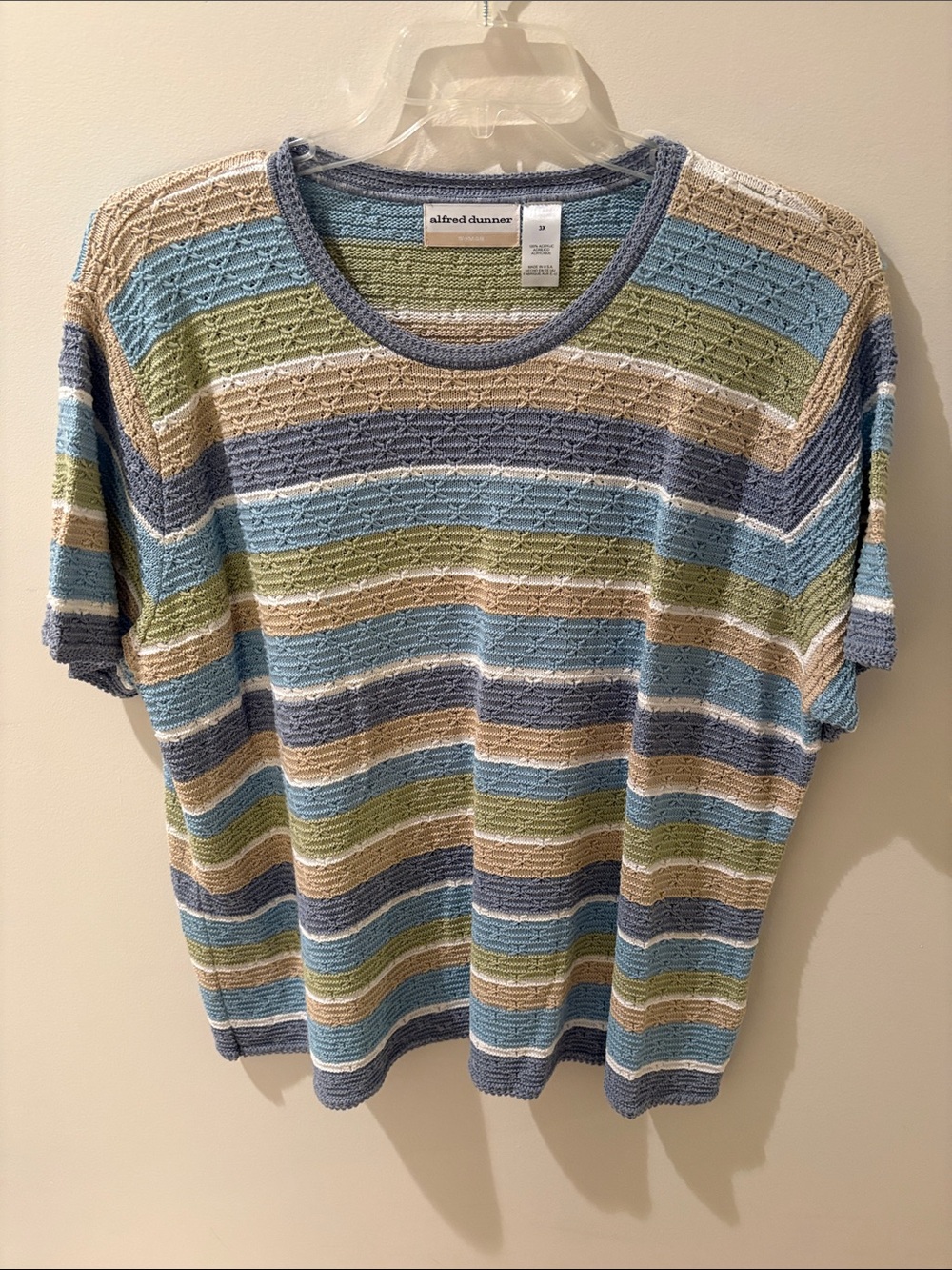 Alfred Dunner Blue, Green & Tan Striped Short-Sleeve Crewneck Sweater